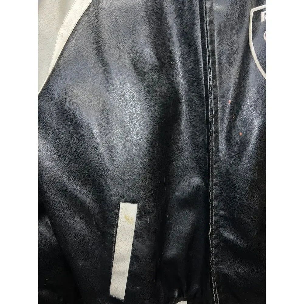 NFL Oakland Raiders Leather Jacket Football Black Silver Outerwear Stained Large